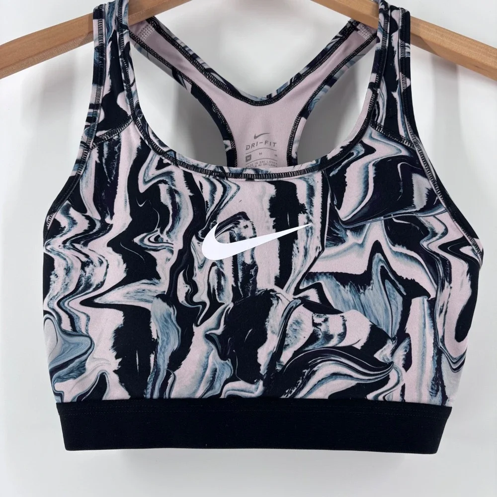 Nike Sports Bra Womens Medium Pink Black Marble Swirl Dri-FIT Racerback Gym